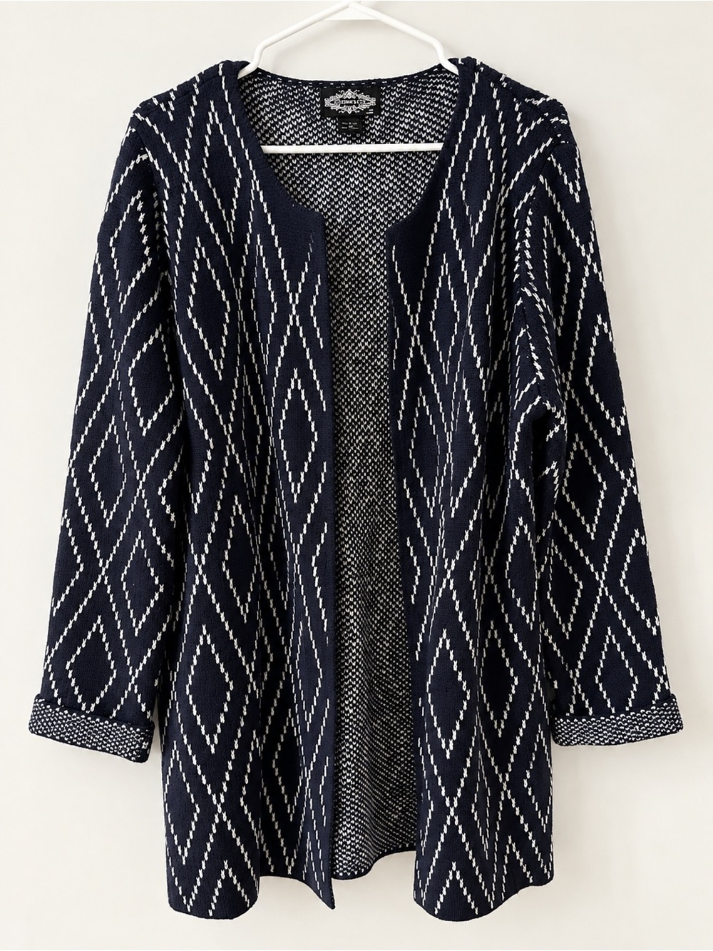 Anthropologie Oliver.O by Escio XL Navy Ivory Geometric Open Cardigan Sweater